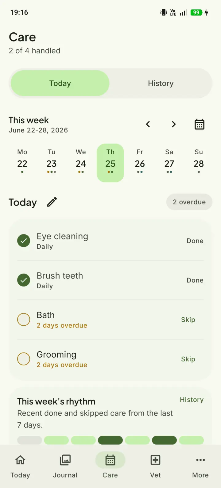 LittleLion care routine screen for Shih Tzu grooming and care tasks