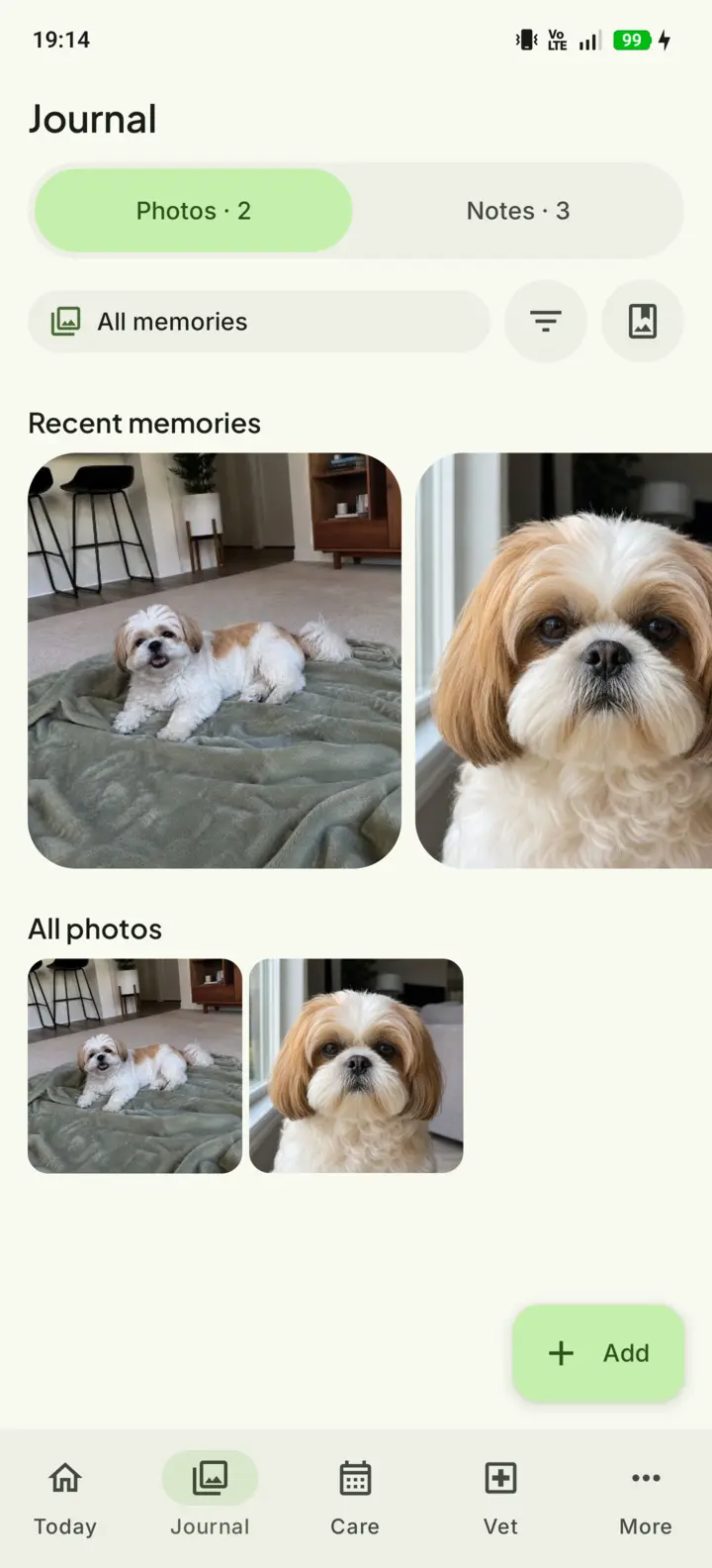 LittleLion journal screen for Shih Tzu photos and notes
