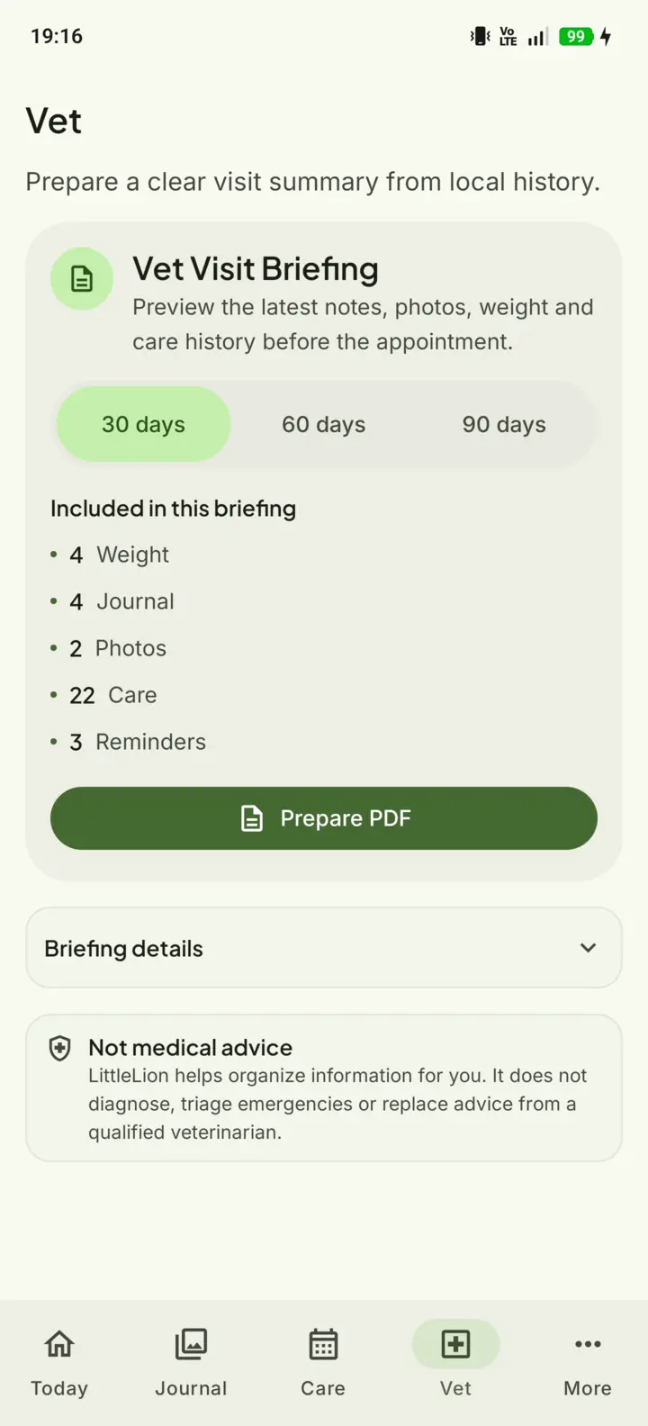 LittleLion vet visit briefing screen preparing a PDF summary